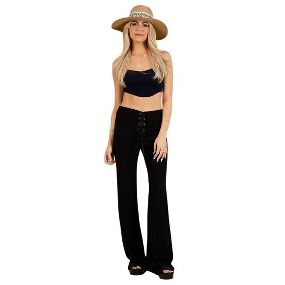 Lucca Couture Pants - Lucca Couture Kenna Lace Up Front Flare Pants